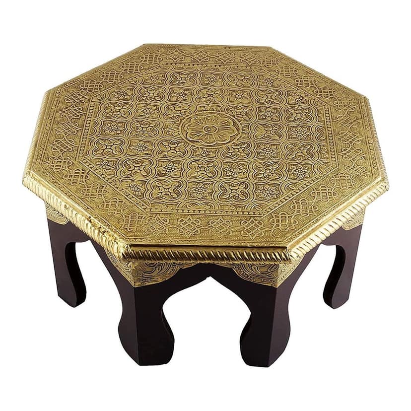 Creative Handicrafts Octagonal Shape Wood Chowki | Brass Work Pooja Bajot Stool | Home Decor Sitting Table (Goldcolor_12,14,16 Inches) view 2