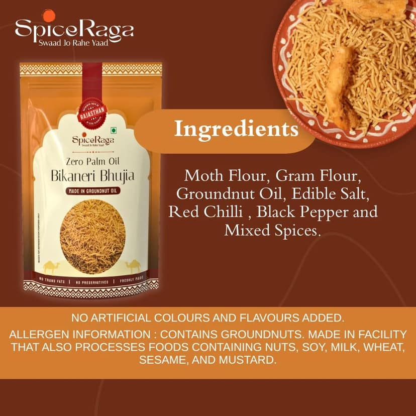 SpiceRaga Bikaneri Bhujia 820g | No Palm Oil | Pure Groundnut Oil | No Trans Fat | Crispy & Spicy Teatime Snack | Healthy Namkeen Moti Sev | 100% Natural Ingredients | 820g Traditional Namkeen snacks view 2