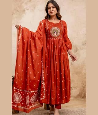 S & D Attire Women Rayon Printed A-line Kurti With Pants ( Orange )