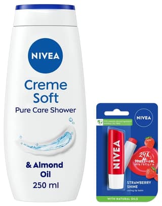 NIVEA Lip Balm, Fruity Strawberry Shine, 4.8g & NIVEA Women Body Wash, Crme Soft Shower Gel, with Almond Oil for Soft Skin, 250 ml NIVEA Lip Balm, Fruity Strawberry Shine, 4.8g & NIVEA Women Body Wash, Crme Soft Shower Gel, with Almond Oil for Soft Skin,
