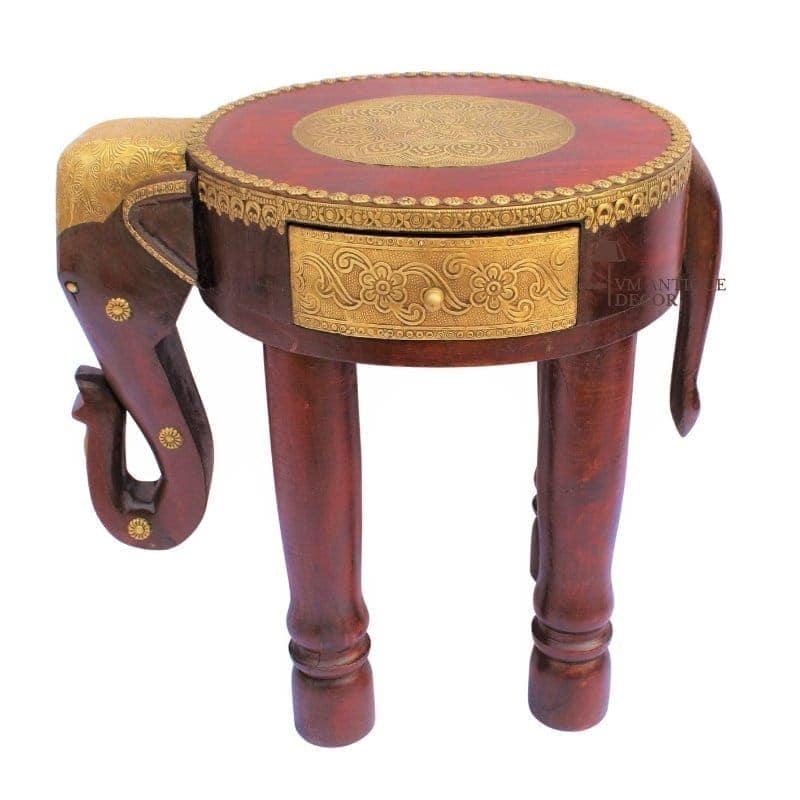 Handcrafted Wooden Elephant Side Table with Brass Details view 2