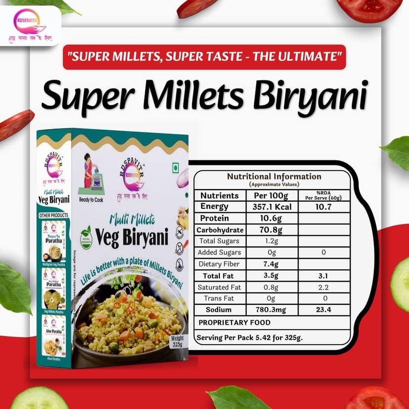 Multi Millets Veg Biryani | Biryani 300g, Biryani Seasoning 10g, Peanut Chutney 50g and Raita Boondi 40g | Rich in Fiber, Protein & Essential Nutrients | Ready To Cook Biryani view 2