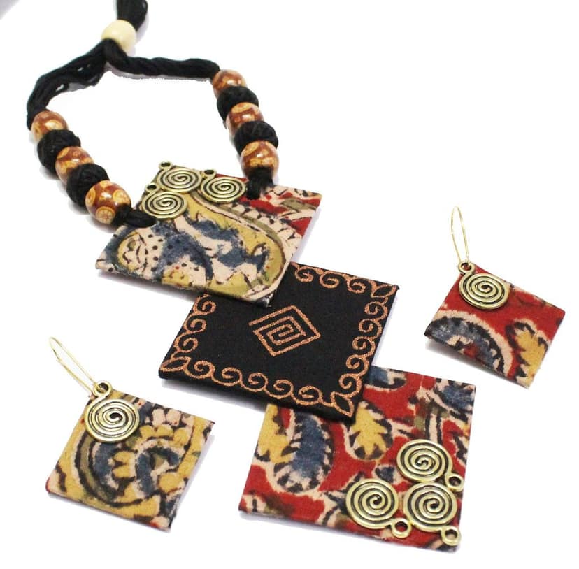EKAM EK Kalamkari Design Lightweight Fabric Necklace Earrings Jewellery Set for Women (Black) view 2