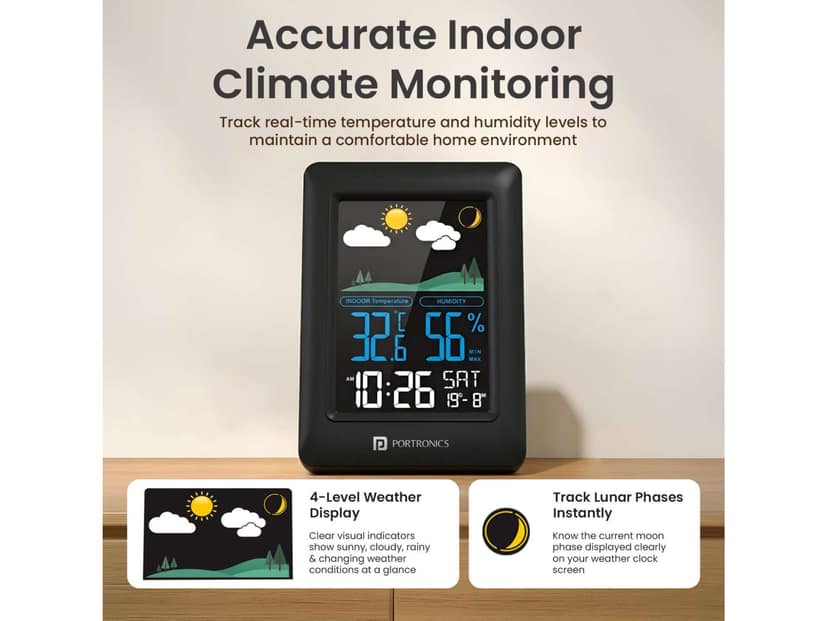 Portronics Meteo Indoor Weather Station LED Display Temperature & Humidity Monitor, Max/Min Records Alarm & Snooze, 12/24 Format - Black view 2
