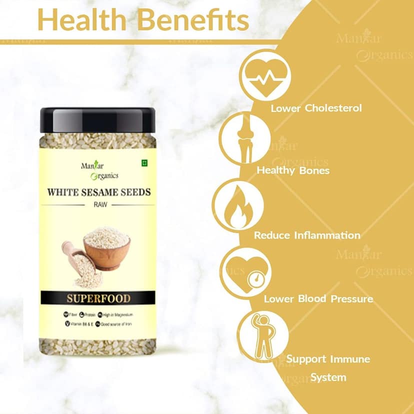 ManHar Organics White Sesame Seeds for Eating 300gm Jar- Safed Till |Healthy Snacking||High in Protein| ( pack of 2) view 2