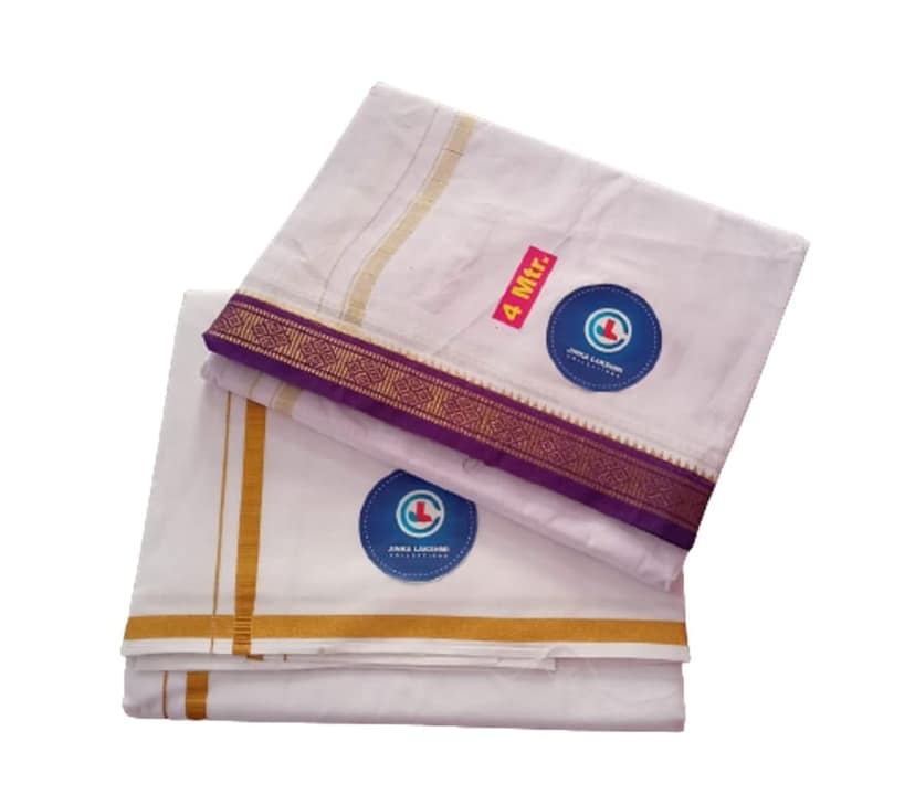 Jinka Lakshmi Collections Handloom Cotton White Dhoti 4 Meters Unstitched Pack of 2 (Multicolor-9) view 2