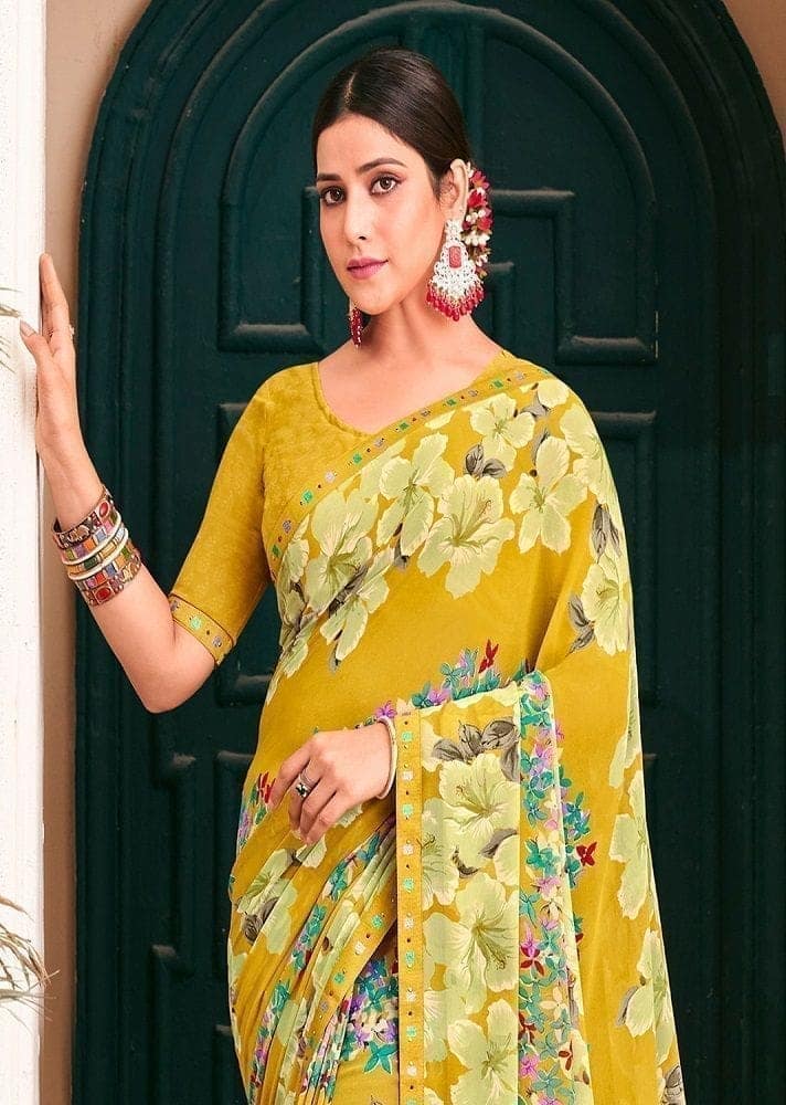 Digital Printed Georgette Saree in Yellow view 2