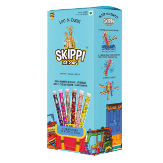 All Desi Flavour Box of Skippi Ice Pops, Kala Khatta, Rose, Jaljeera, Imli, Chilli Guava, Aam Panna ( 2 Qty of 6 Indian flavours, 12 Ice pops X 70ml each)