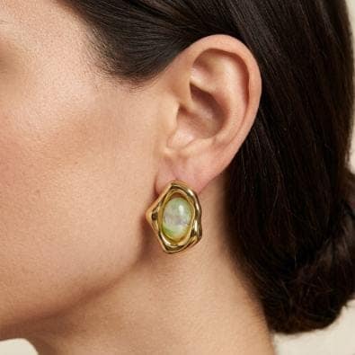 Abstract Frame Oval Cabochon Studs - Green | Gold-Tone Anti-Tarnish Imitation Jewellery view 2