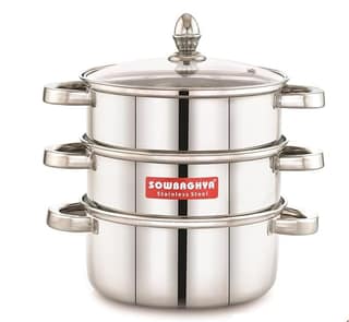 Sowbaghya Stainless Steel 3-Tier Induction Bottom Steamer/Modak & Momo Maker with Glass Lid | Heavy Gauge | Double-Riveted Stainless Steel Handles
