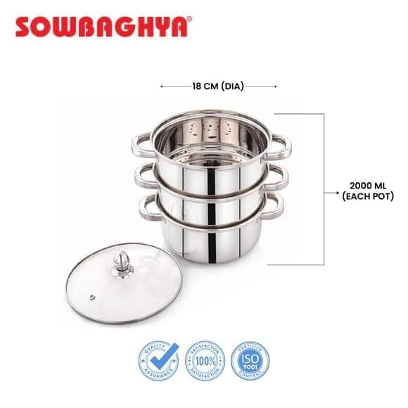 Sowbaghya Stainless Steel 3-Tier Induction Bottom Steamer/Modak & Momo Maker with Glass Lid | Heavy Gauge | Double-Riveted Stainless Steel Handles view 2