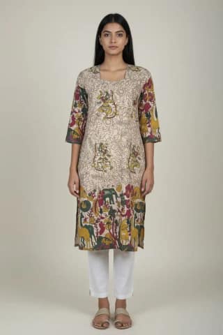 Pedana Kalamkari Screen-Print Cotton Kurti with Vine Border