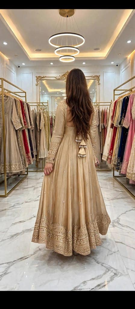 Embroidery Sequence Work Pure Fendy Silk Gown and Pant With Fendy Silk Dupatta (Size M To XXL) Ready To Wear 3 Piece Set - Golden view 2