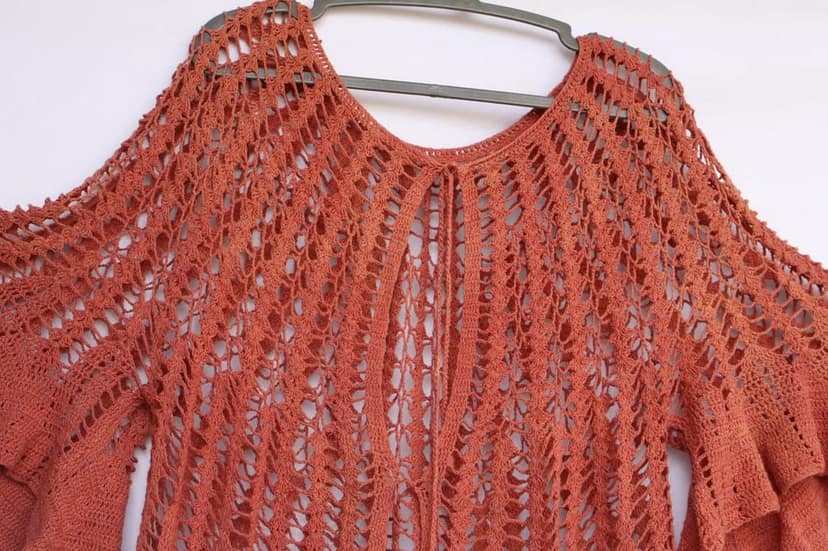 Crocheted Open Knit Terracotta Blouse with Bell Sleeves view 2