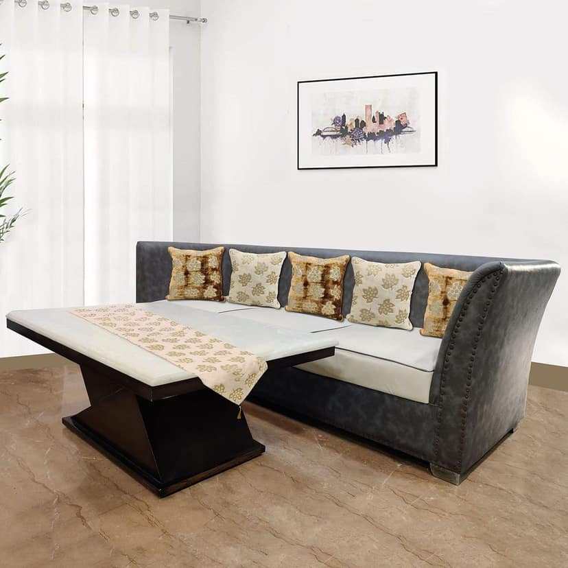 Velvet Table Runner (12inch x 59 inch) with Set of 5 Sofa Cushion Covers (16inch x16 inch), Decorative Table Runners for Home Dining, Tea, Foyer Tables, Dresser ScarvesI Brown Ivory I