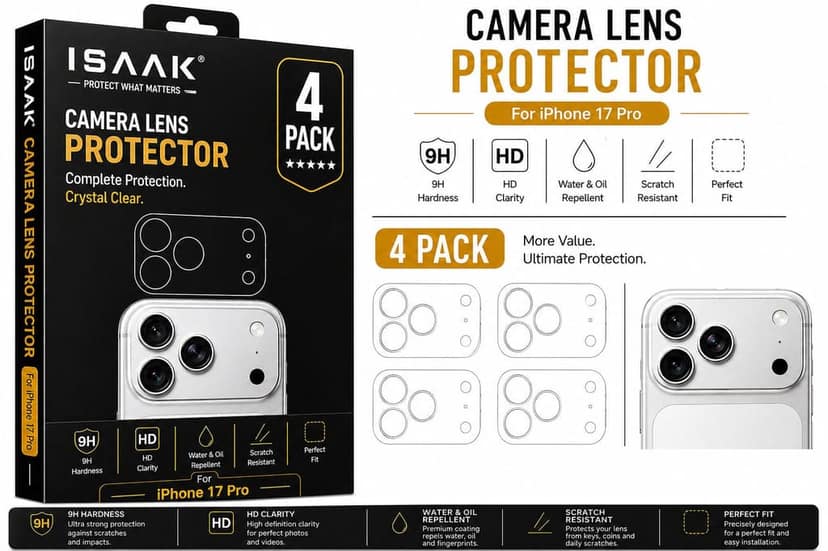 ISAAK Back Camera Lens Protector compatible for Apple iPhone 17 Pro (Pack of 4)
