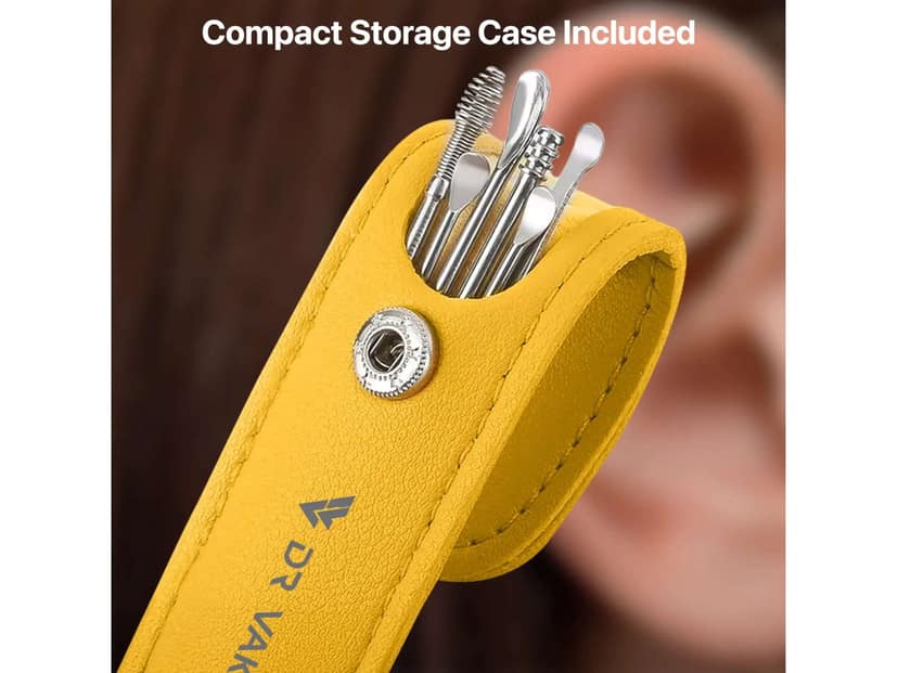 Dr Vaku Reusable EarWax Removal Cleaning Tool Kit (Set of 7) Stainless Steel With Storage Case - Yellow view 2