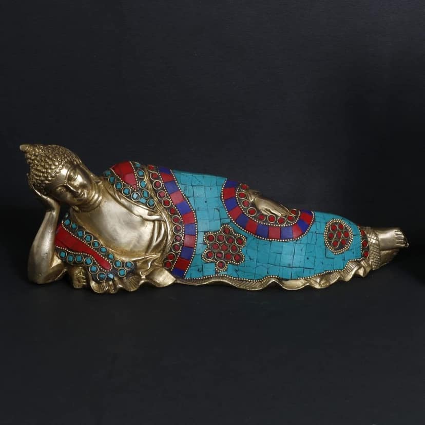 ARTVARKO Brass Buddha Idol Murti Sleeping Resting Multicolor Gemstone Handwork Religious Showpiece for Home Wall Decor 12 Inches view 2