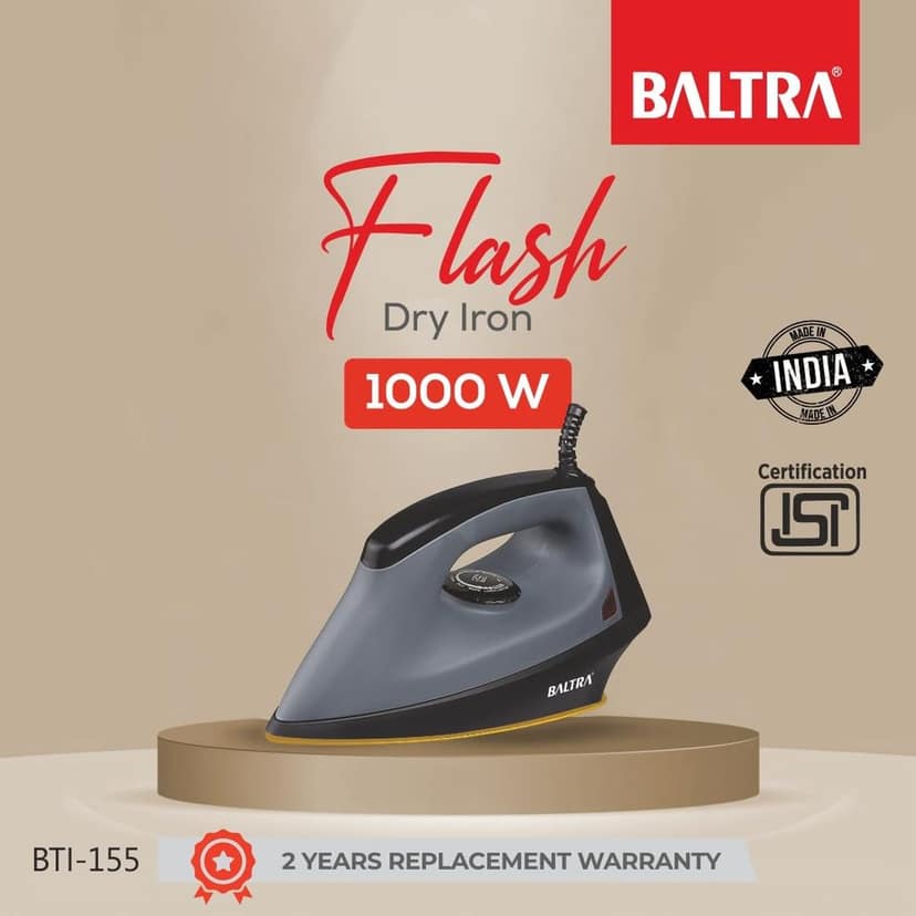 Baltra Flash 1000W Dry Iron | Non-Stick Sole Plate | Adjustable Temperature Control | 360� Swivel Cord for Easy Use | Lightweight & Compact Design | Grey Color | Safe for All Fabrics view 2