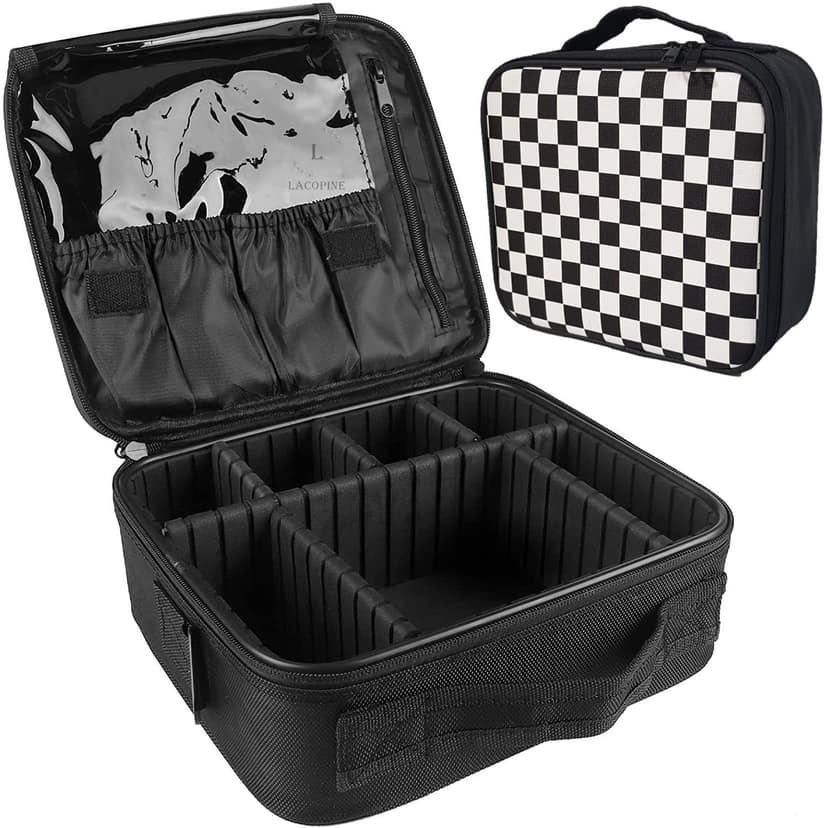 LACOPINE Travel Professional Makeup Case Organizer Bag for Women | Portable Artist Storage Makeup Brush Bag with Adjustable Dividers (Chess Pattern, 10 INCH (1 Layer)) LACOPINE Travel Professional Makeup Case Organizer Bag for Women | Portable Artist Sto