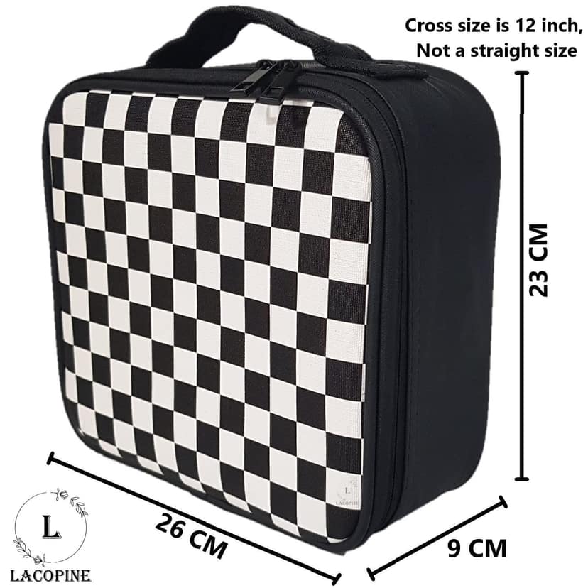 LACOPINE Travel Professional Makeup Case Organizer Bag for Women | Portable Artist Storage Makeup Brush Bag with Adjustable Dividers (Chess Pattern, 10 INCH (1 Layer)) LACOPINE Travel Professional Makeup Case Organizer Bag for Women | Portable Artist Sto view 2