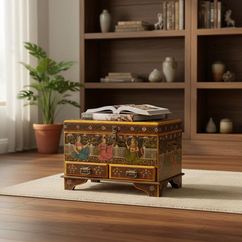 Handicraft Storage Box, Jewelry Organizer Wooden Box, Luxury Rajasthani Fine-Art Painted Dowry Box, Home Living Furniture Box view 2