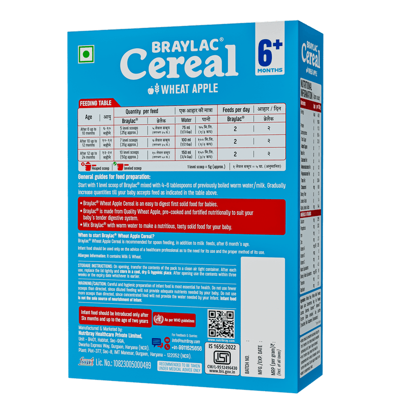 Braylac Cereal Wheat Apple - 300 gm for 6 to 24 months baby Bag in Box Pack view 2