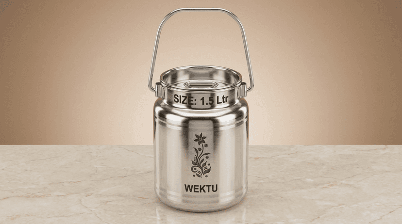 WEKTU Premium Stainless Steel Barni Dolu with Airtight Leak-Proof Lid & Foldable Handle | Heavy Duty Mirror Finish Metal Milk Can & Kitchen Storage Container | Available in Multiple Sizes (1L, 1.5L, 2L, 2.5L, 3L, 4L, 5L)