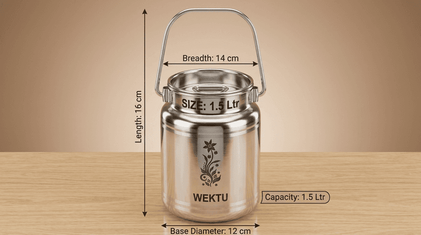 WEKTU Premium Stainless Steel Barni Dolu with Airtight Leak-Proof Lid & Foldable Handle | Heavy Duty Mirror Finish Metal Milk Can & Kitchen Storage Container | Available in Multiple Sizes (1L, 1.5L, 2L, 2.5L, 3L, 4L, 5L) view 2
