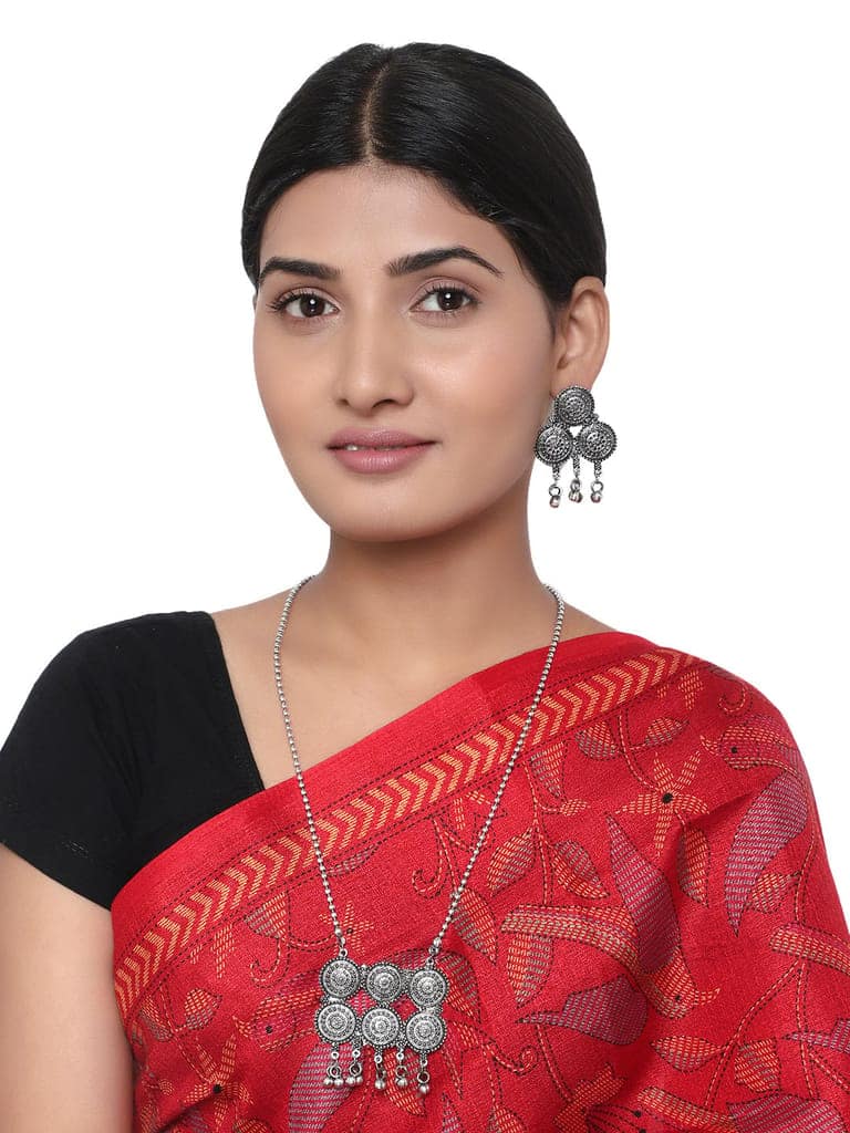 Cardinal Oxidized Silver Color Long Necklace Set
