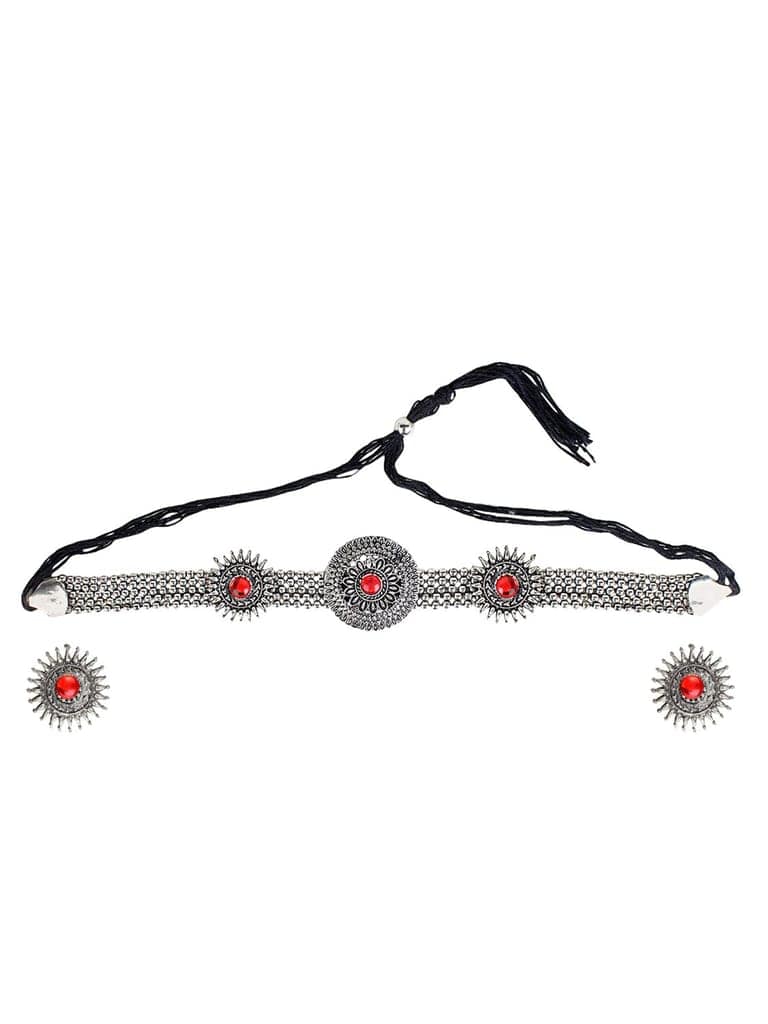 Cardinal Oxidized Silver Color Red Stone Choker Necklace Set view 2