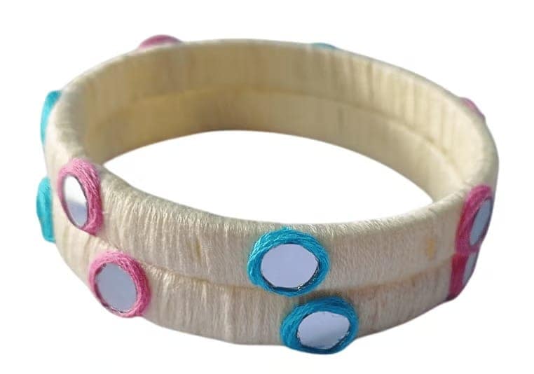 Handcrafted Cream Thread Bangles with Mirror Work - Set of 2