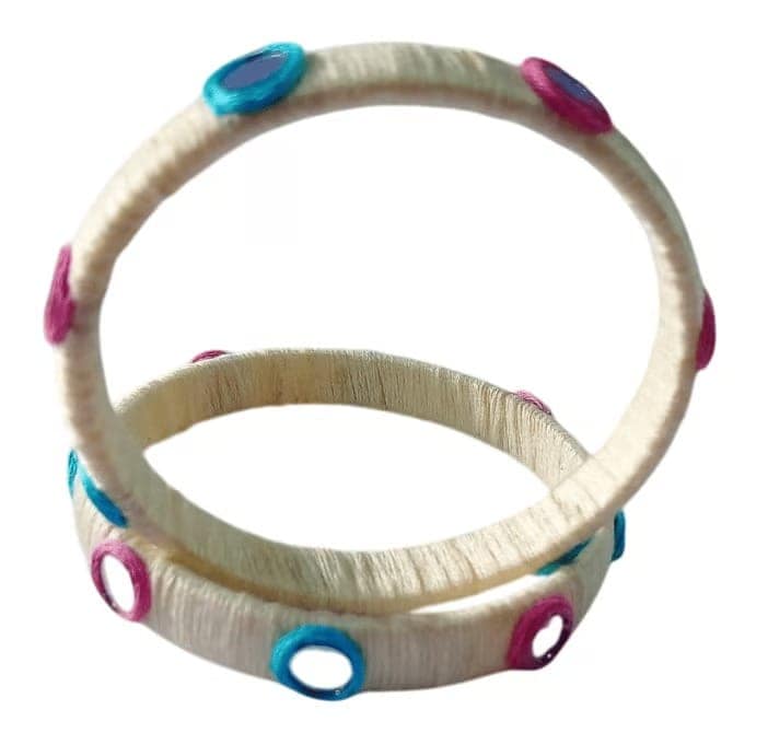 Handcrafted Cream Thread Bangles with Mirror Work - Set of 2 view 2