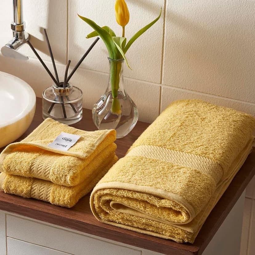 Ddecor - Pack of 3 Solid 500 GSM Bath and Hand Towel Set, Yellow view 2