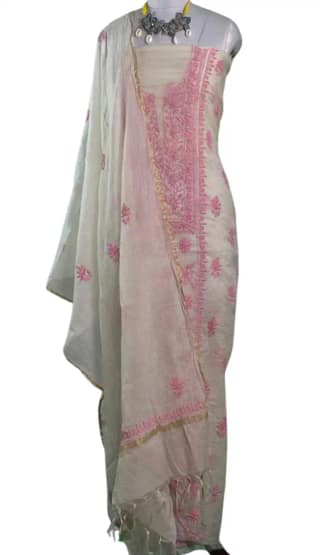 Chikankari Mul Chanderi Dress Material Ivory Pink Floral