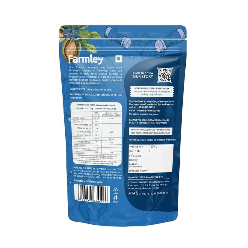 Farmley Classic Salted Roasted Almonds (Badam) 200g - Delicious and Crunchy Snack - Pack of 1 - Roasted Not Fried Nuts view 2