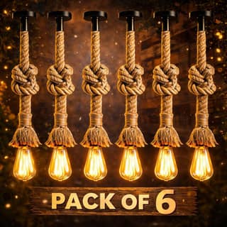 SPARKWORLD (Pack of 6) Jute Knot Rope Pendant Lights Rustic Industrial Hanging Lamps, E27 Base (Bulbs Not Included) | Size: 5X120 cm | Colour: Hanging Rope (Pack of 6)