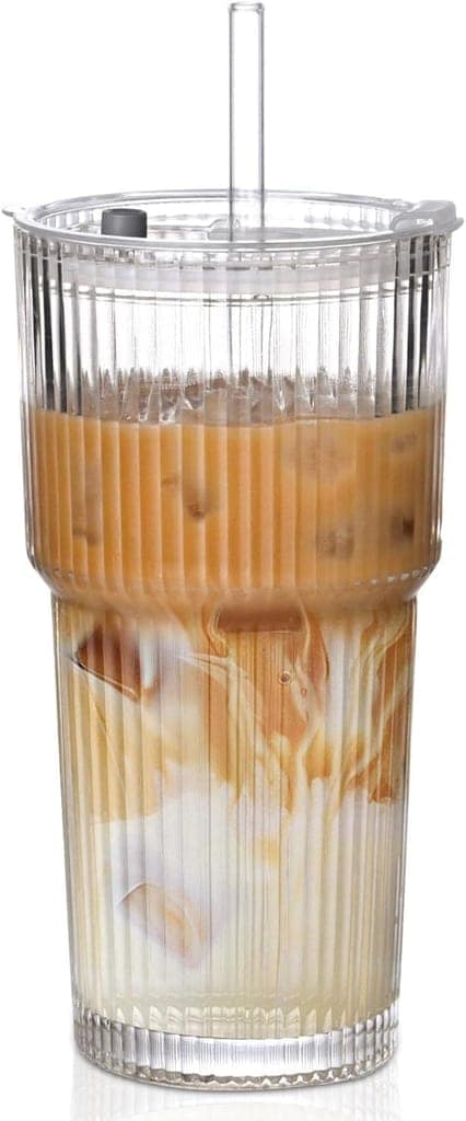Elegant Glass Ribbed Long Sipper with Reusable Glass Straw, 600 ML, Set of 1, Vertical Lining Mug for iced Coffee, Smoothies, Milkshakes, Juice Hot & Cold Beverages