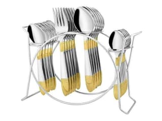 Parage 25 Pieces Ivory Gold Stainless Steel Cutlery Set with Stand (Contains: 6 Table Fork, 6 Table Spoon, 6 Dinner Spoon, 6 Tea Spoon, (Ivory)