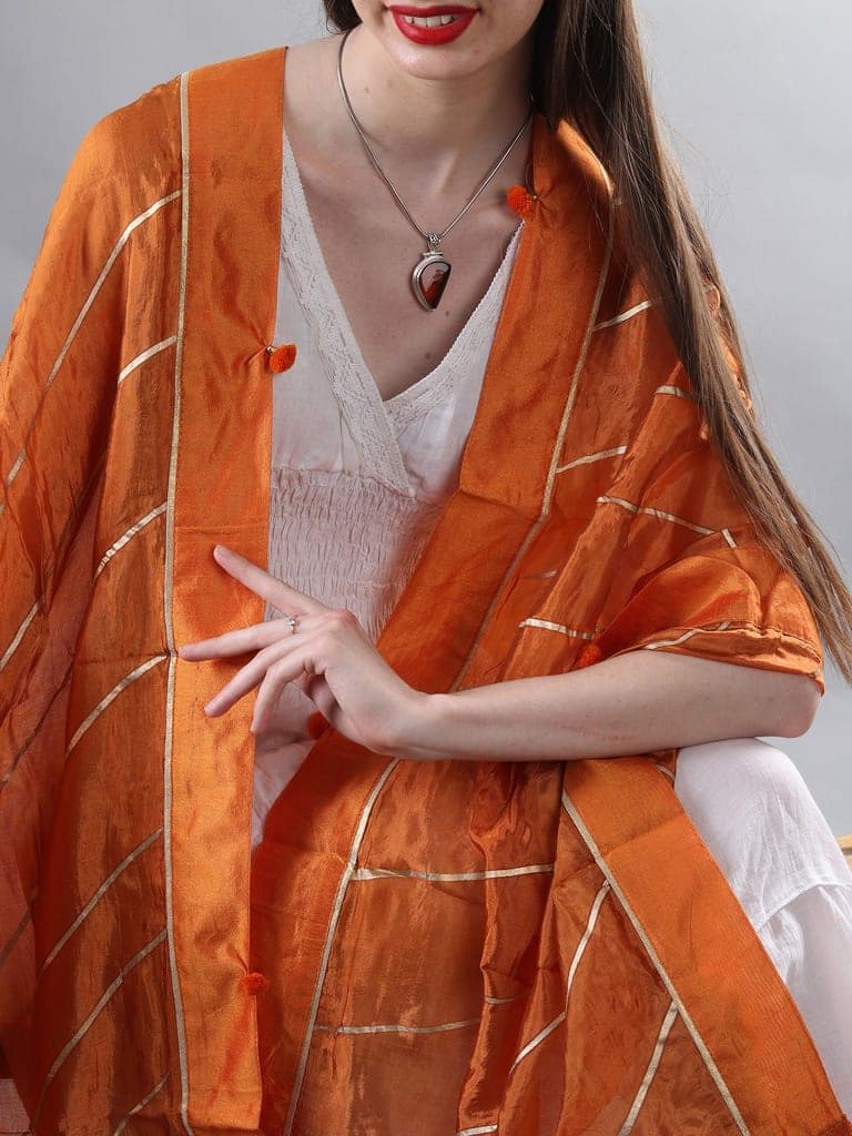 Rust-Orange Gota Dupatta from Amritsar with Patch Border and Pom-Poms view 2