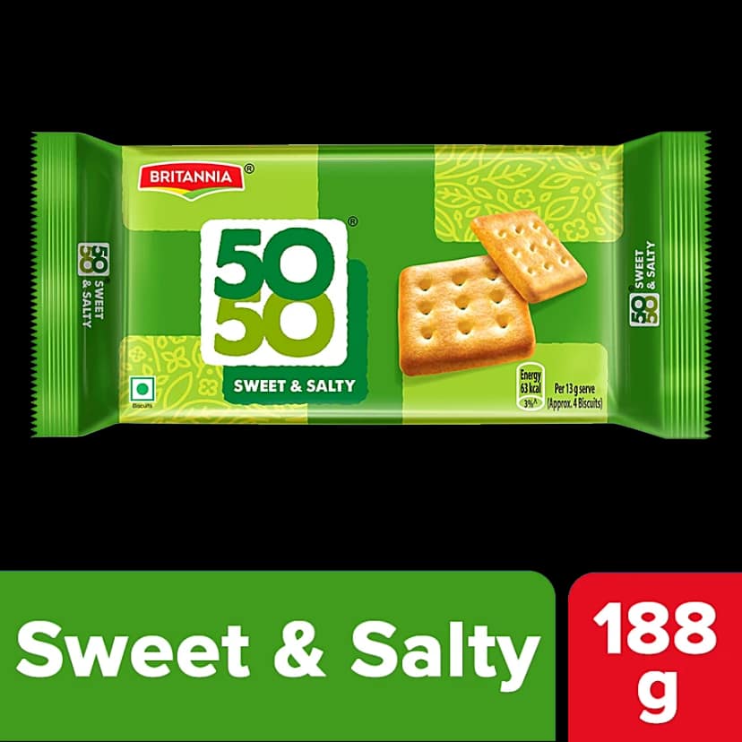 Britannia 50-50 Sweet & Salty Biscuit - Light, Crispy, Ready To Eat, 188 G