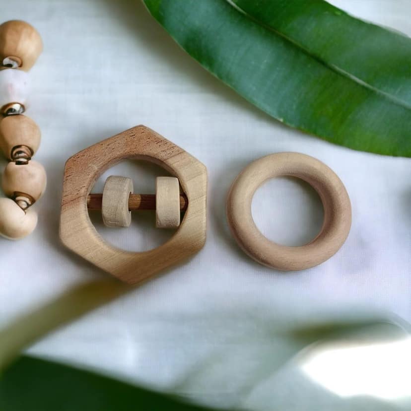 Neem Wooden Teether Rings & Rattle - Circle & Hexagon Shape view 2