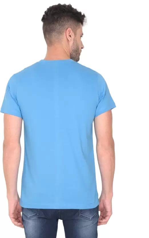 Men Solid Round Neck Pure Cotton Light Blue T-Shirt view 2