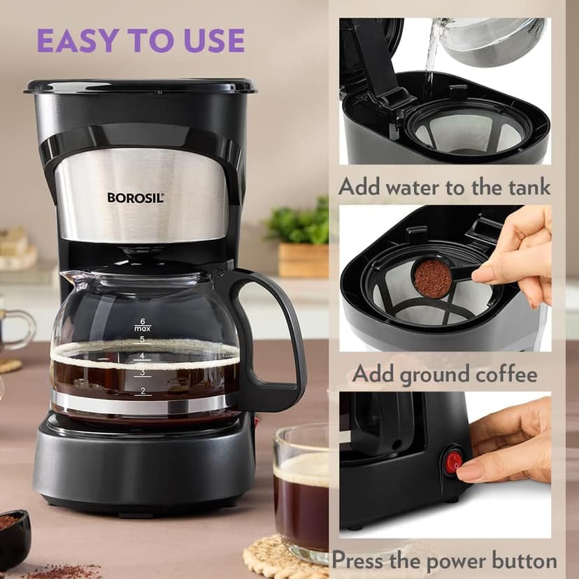 Borosil Brew Pro Drip Coffee Machine with Borosilicate Glass Carafe (600 ml) | 550W Coffeemaker | 6 Cups Capacity | Anti-Drip Function, Auto Shutoff, Keep Warm Plate | 2 Years Warranty | Black view 2