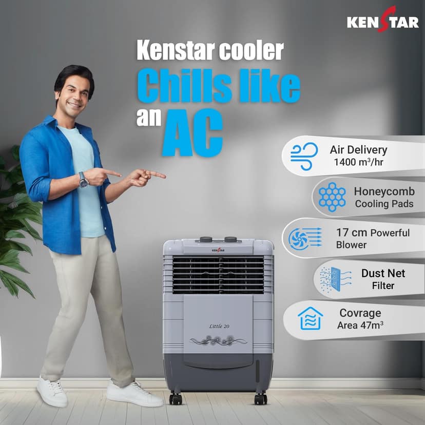 Kenstar LITTLE HC 20 Room/Personal Air Cooler For Home, Honeycomb Pad, High Speed Fan, 35 Ft Powerful Air Throw, Inverter compatible, Portable Cooler-Room, 1-Yr Product Warranty, Light Grey & Dark Grey view 2