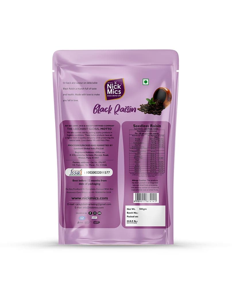 Nickmics Black Kismis 500 gm | Kali Kishmish | Kishmish | Nutritious| Rich in Iron | Naturally Sweet & tasty | Healthy Snacks| Dry Fruit Gift Pack view 2