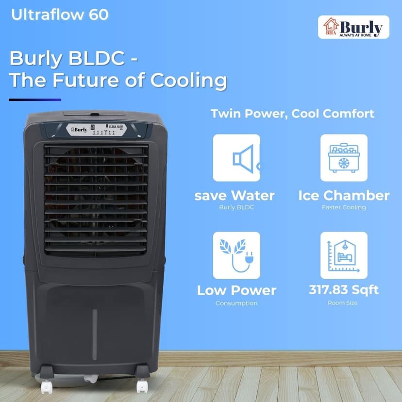 BHABURLY EV 90 L Air Cooler, BLDC Motor 110W, Smart Water Saving, Touch & Remote Control, Timer Empty Tank Alarm, Swing Function, 16" Blade - Black view 2