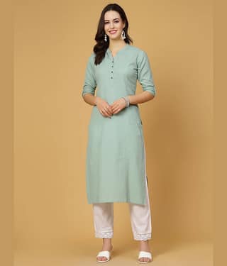 Pistaa Cotton Solid Straight Women's Kurti - Green ( Pack of 1 )