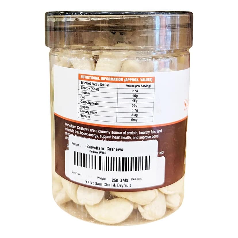 Sarvottam Kaju (W180) Box 250g | Premium Whole Cashews | Rich in Protein, Fiber & Healthy Fats | Crunchy Nuts for Snacking, Cooking & Gifting view 2