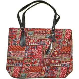 Ethnic Indigo Patchwork Tote Bag with PU Leather Shoulder Handles